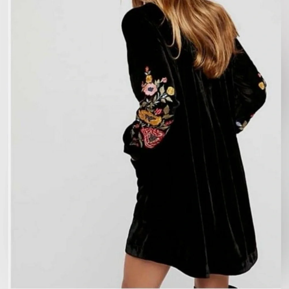 Free People Mia Embroidered Black Velvet Tunic Dress Size XS